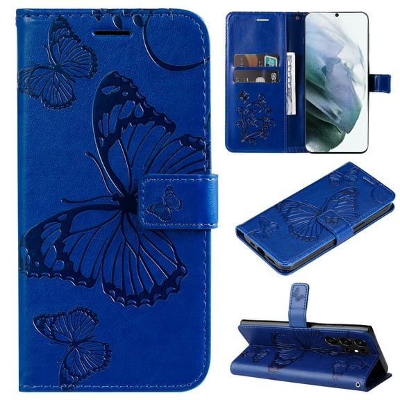 TECH CIRCLE Galaxy S24 Ultra Wallet Case,Butterfly Embossed PU Leather Flip case Cover Stand Feature with Wrist Strap and Card Holder Protective Phone Case for Samsung Galaxy S24 Ultra 6.8", Blue