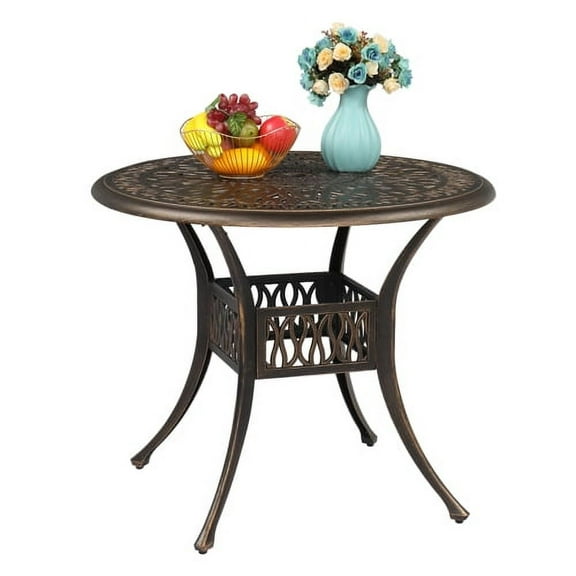 VINGLI Patio Bistro Dining Table with Umbrella Hole,Cast Aluminum Side Table, Backyard Bistro Round Table, Outdoor Garden Furniture Table（35.4"Dx29.5"H)
