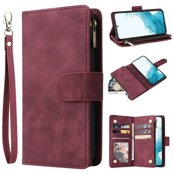 for Google Pixel 7 Pro Case Wallet with Card Slots, Premium Soft PU Leather Zipper Folio Flip with Wrist Strap Kickstand Protective Phone Cover for Google Pixel 7 Pro Handbag Wallet Case, Winered