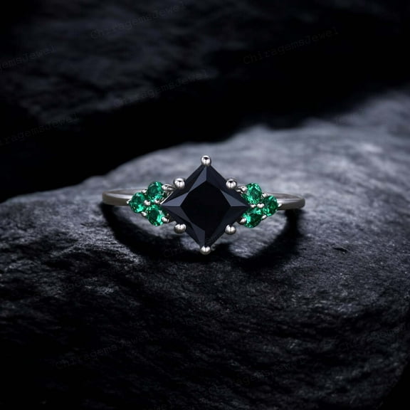 CHIRAGEMSJEWEL 7 MM/ Princess Cut Natural Onyx Women Ring Bridal Emerald Cluster Ring Sterling Silver Promise Ring Birthday Gift For Mom