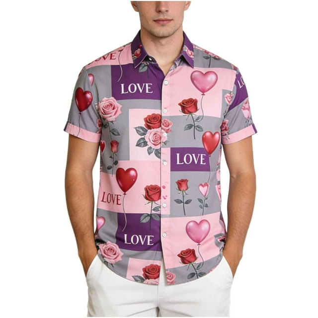 Chemise Unisexe à Manches Courtes avec Imprimé de la Saint-Valentin, Chemise Décontractée Boutonnée Assortie pour Couples avec Col Rabattu, Haut Graphique Coupe Régulière en Tissu Léger et Respirant pour Cadeaux des Fêtes et Sorties à Thème