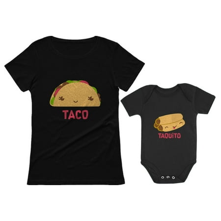 

Taco & Taquito Baby Bodysuit & Women s T-Shirt Set Mommy & Me Matching Outfit Taco Black X-Large / Taquito Black 24M (18-24M)