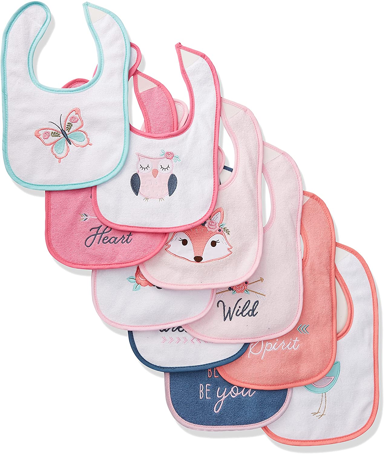 Hudson Baby Infant Girl Cotton Terry Drooler Bibs with Fiber Filling 10pk, Girl Fox, One Size