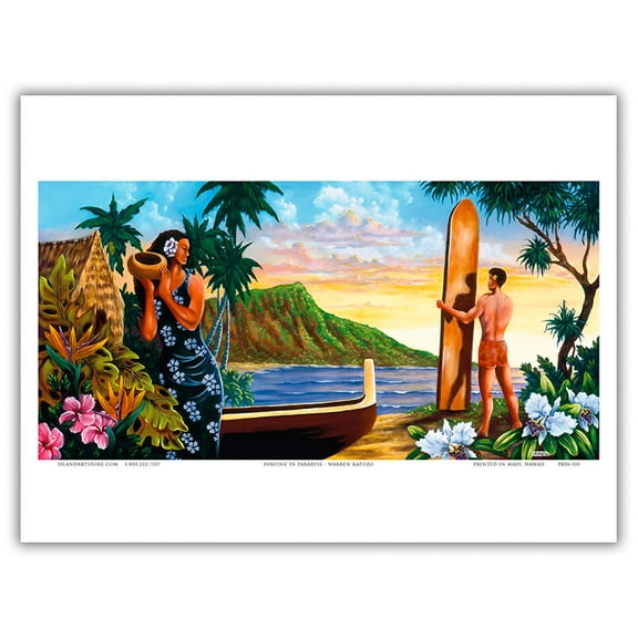 Surfing In Paradise - Hawaiian Surfer - Diamond Head Crater Hawai’i - From an Original Color Painting by Warren Rapozo - Master Art Print (Unframed) 9in x 12in