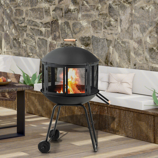 28 Inch Portable Fire Pit on Wheels with Log GrateBlack