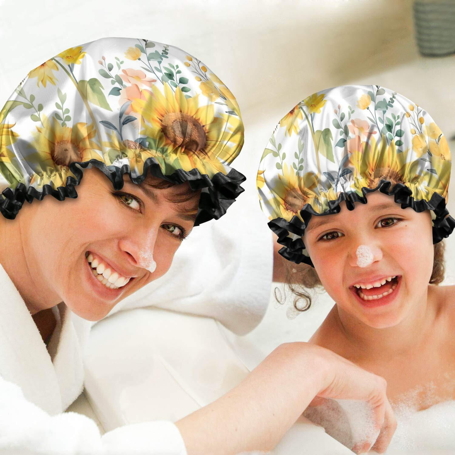 Shower Caps,White Butterfly Bee Sunflower Pattern Waterproof Shower Cap for Women 4 Pieces,Double Reusable Hair Cover for Shower PEVA Elastic Stretch Hem