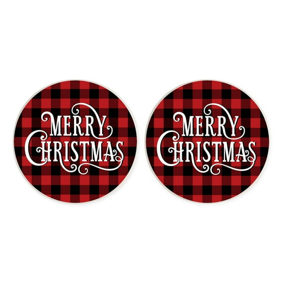 Merry Red Plaid 2.75 x 2.75 Absorbent Ceramic Holiday Car Coasters Pack of 2