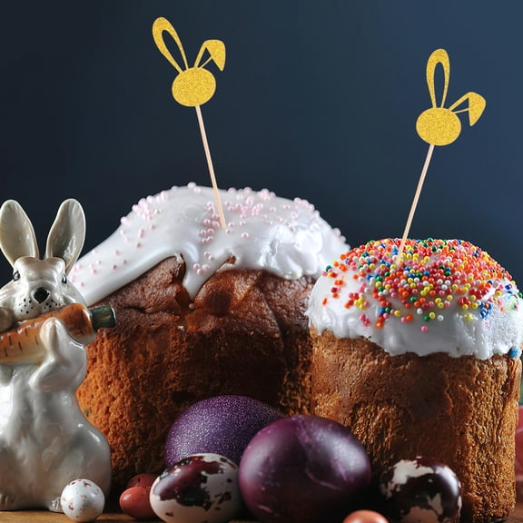 FELTECHELECTR Golden Glitter Ear Cake Toppers 50 Pieces for Easter Party Desserts