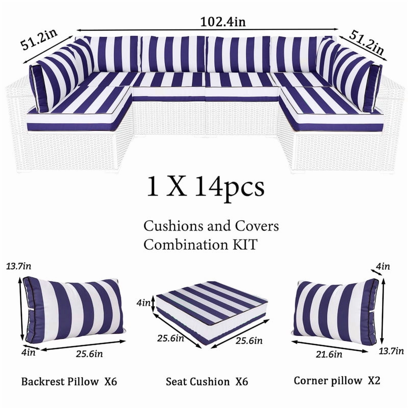 14 Pieces Outdoor sectional cushions replacement set, 4in thick patio furniture cushions, Waterproof Outdoor Couch Cushion,deep seat patio cushions For 6 Seat（Blue white）