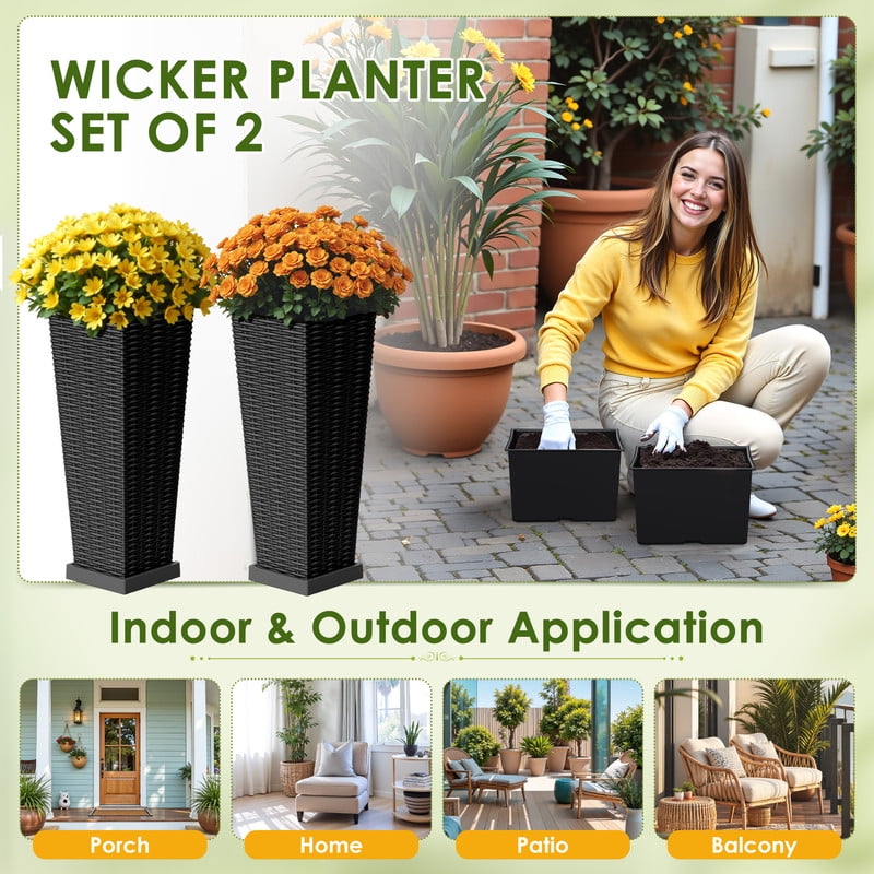 Homall 2-Pack 24" Tall Outdoor Plastic Planters with Inside Pots, Drainages and Trays, Rattan - Patterned for Patio Decor