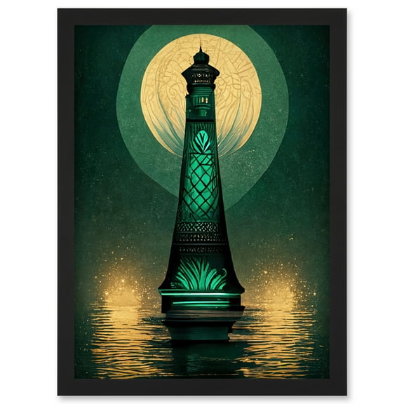 Art Deco Lighthouse Great Gatsby Moonlight Emerald Artwork Framed Wall Art Print A4