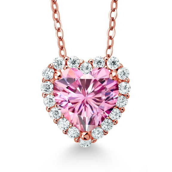 Gem Stone King 18K Rose Gold Plated Silver Pink and White Moissanite Heart Shape Pendant Necklace for Women (1.29 Cttw, with 18 inch Chain)