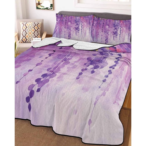 Purple Botanical Queen Size Down Alternative Comforter,Lightweight Comforter Quilt Bedding Set with Pillow Shams Watercolor Spring Floral Oil Painting Elegant Bed Comforter Duvet Insert 90"x96"