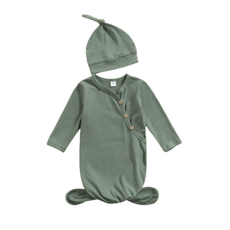 

Canrulo Newborn Baby Girl Boy Knitted Romper Knotted Gowns Long Sleeve Solid Color Sleeping Bag With Hat Set Lake Green 0-3 Months