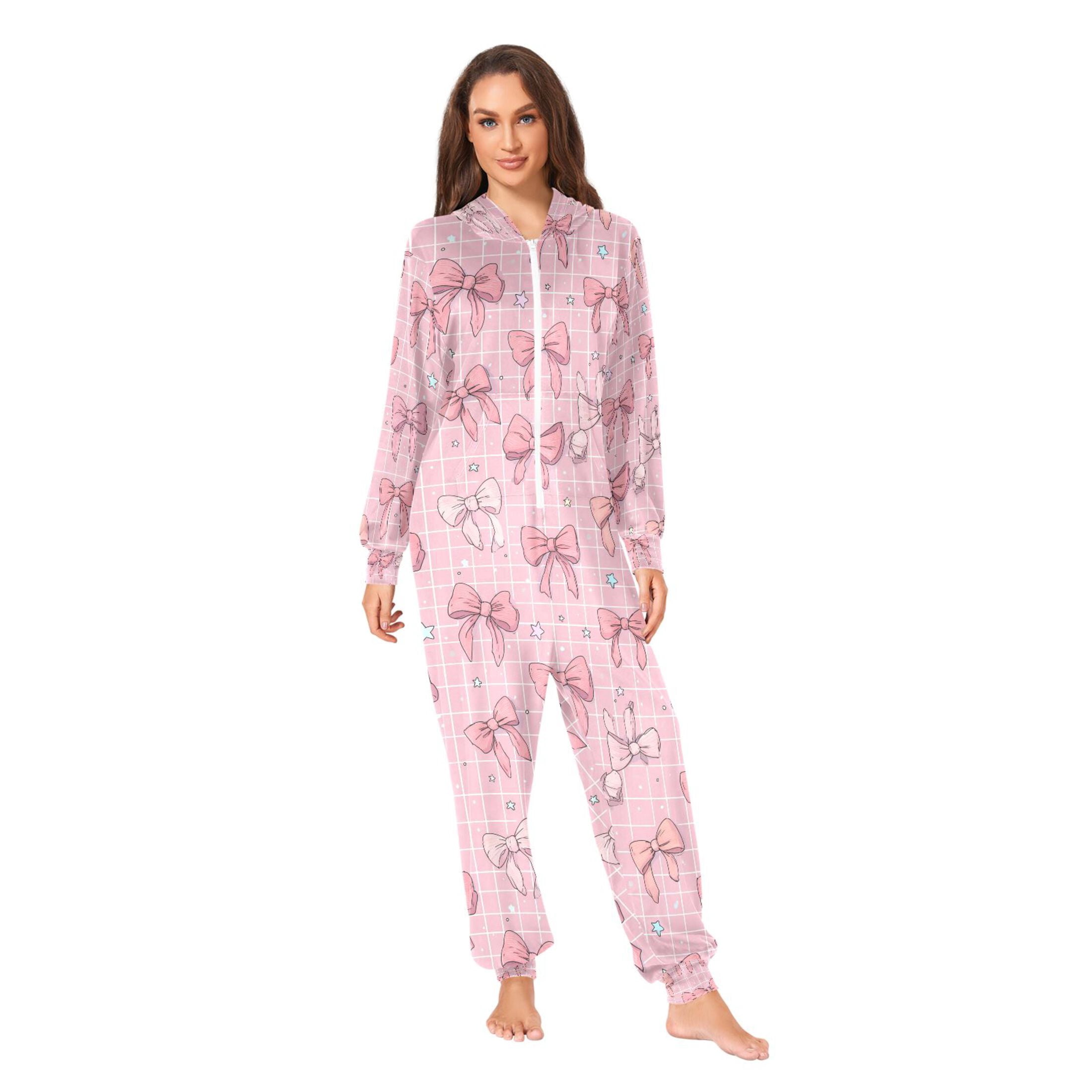 Adult Christmas Onesie Cute Pink Bow Adult Zipper One-Piece Pajamas Unisex Pajamas with Pockets