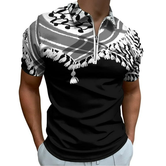 Keffiyeh Neck Scarf Men Zipper T-shirt Summer Casual Short Sleeve T-shirt Top