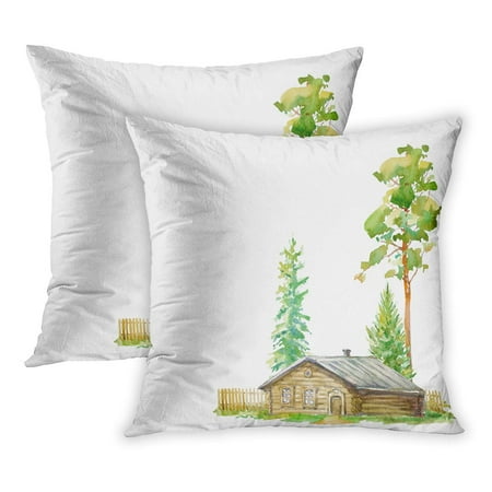 Chalet 3 Light ECCOT Green Cottage Rural Landscape Wooden House Pine and Spruce on Watercolor Farm Agriculture Chalet Conifer PillowCase Pillow Cover 16x16 inch Set of 2 ()
