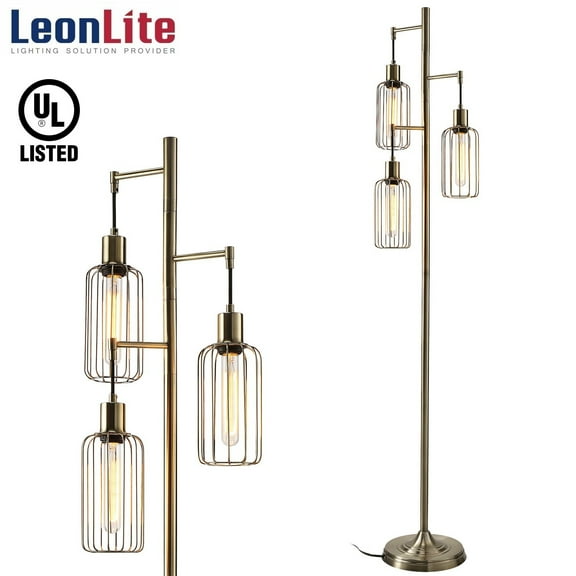 Leonlite Tree Floor Lamp with 3 Vintage Cage Head for Bedrooms, Living Room, Industrial Floor Lamp, 3 T10/T30 Bulbs Included