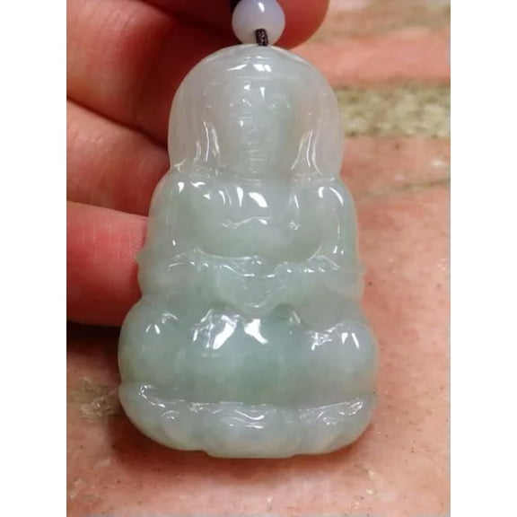 K-KED 1 Piece Icy Green Burma Natural Jadeite Jade Pendant Guanyin