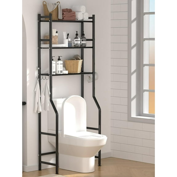3-Tier Over The Toilet Storage, Space Saver Metal Bathroom Shelves, Freestanding Above Over Toilet Storage Shelf with 4 Hooks for Bathroom, Black