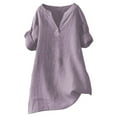 thumbnail image 3 of Holzkary Loose Shirt Top Stand Solid Color Sleeve Collar Casual Womens Short Sleeve Summer Tops Casual V Neck Button Down Shirts Loose Fitted Solid Color Tees Fashion Ladies Tops Purple M, 3 of 9