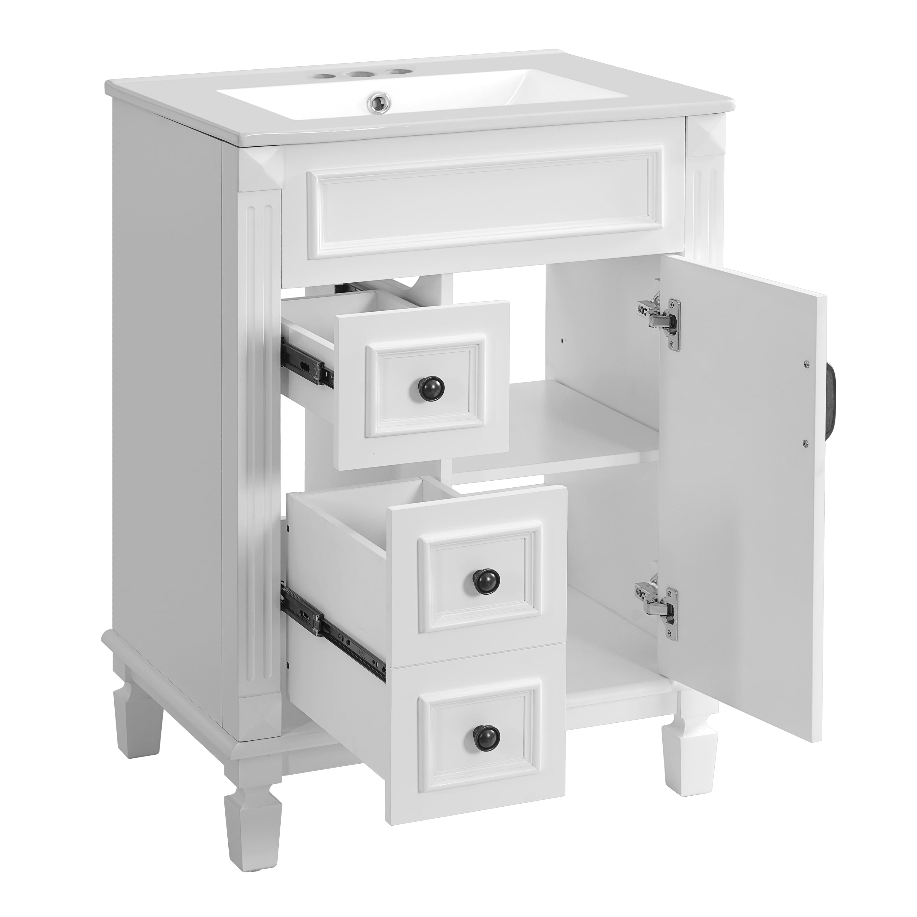 24" Bathroom Vanity with Ceramic Sink, Small Bathroom Vanity with 2 Drawers, Modern Vanity with Adjustable Shelf for Powder Room, Guest Bath, Apartment, White