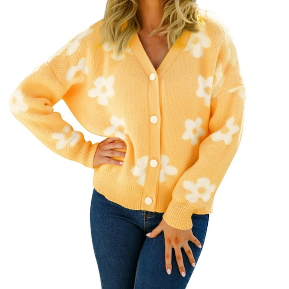 Women's Casual V Neck Long Sleeve Cardigan Sweater Jacket with Floral Design Stylish Comfortable Lightweight Knitwear