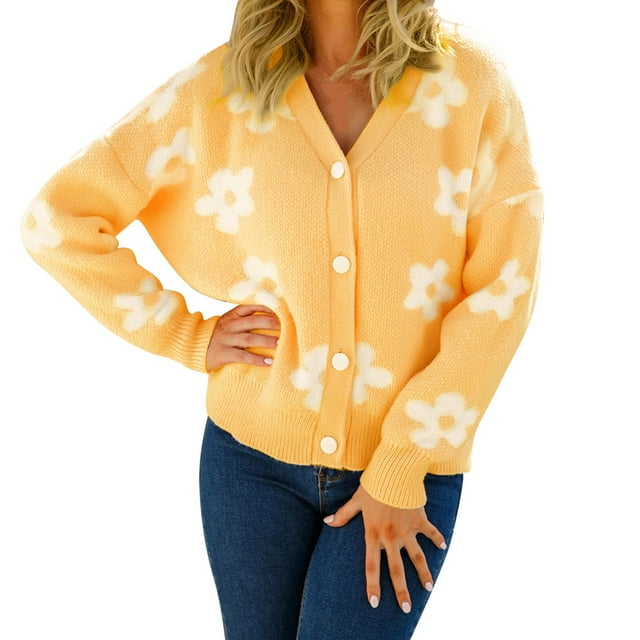 Cardigan Décontracté pour Femme à Col en V, Manches Longues, Veste Chandail avec Motif Floral, Stylé, Confortable, Tricot Léger