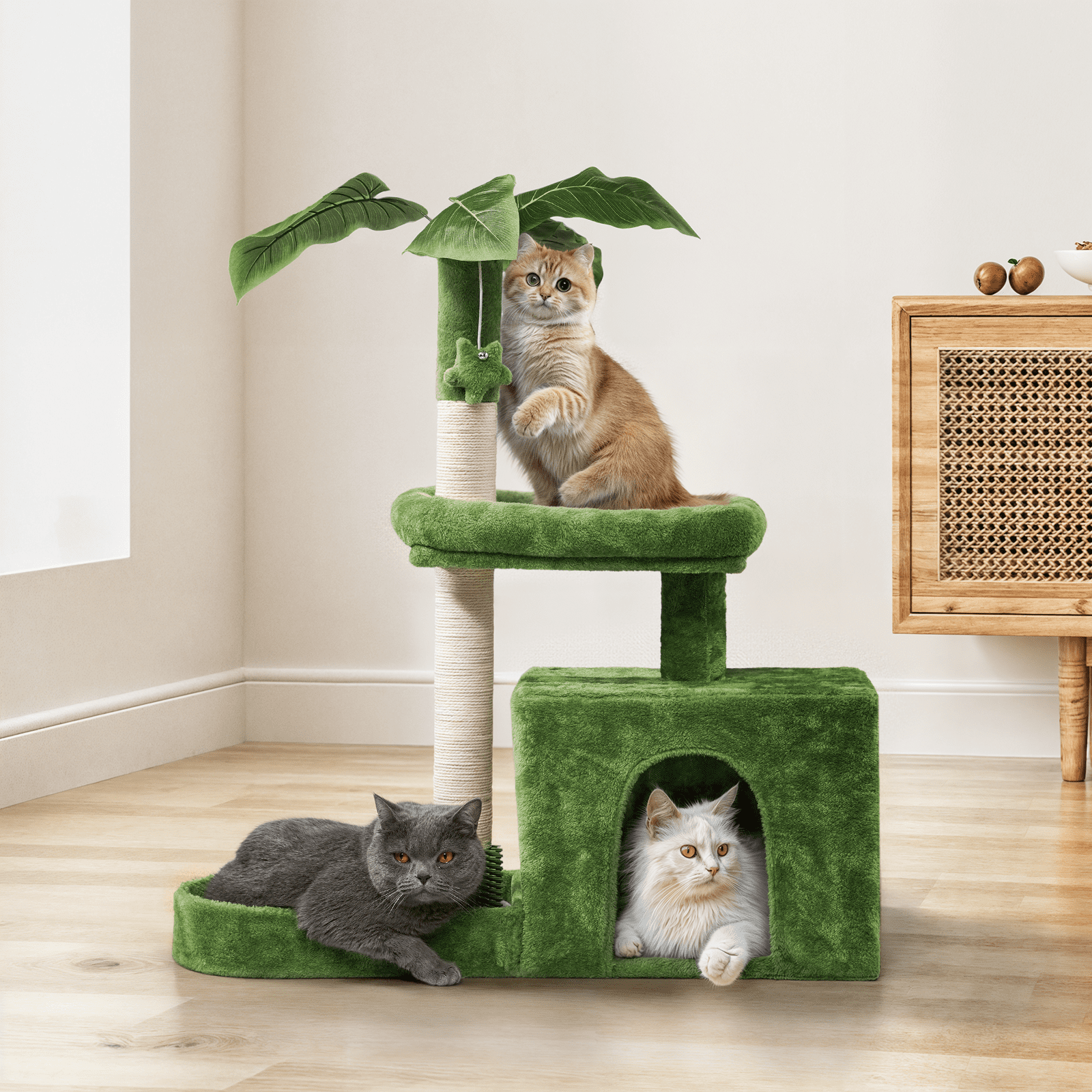 MoNiBloom Cat Tree with Green Leaves, 32 Inches Cat Tower with Scratching Posts, Cat House w/Cozy Condo, Perch and Fluffy Ball for Indoor Cats