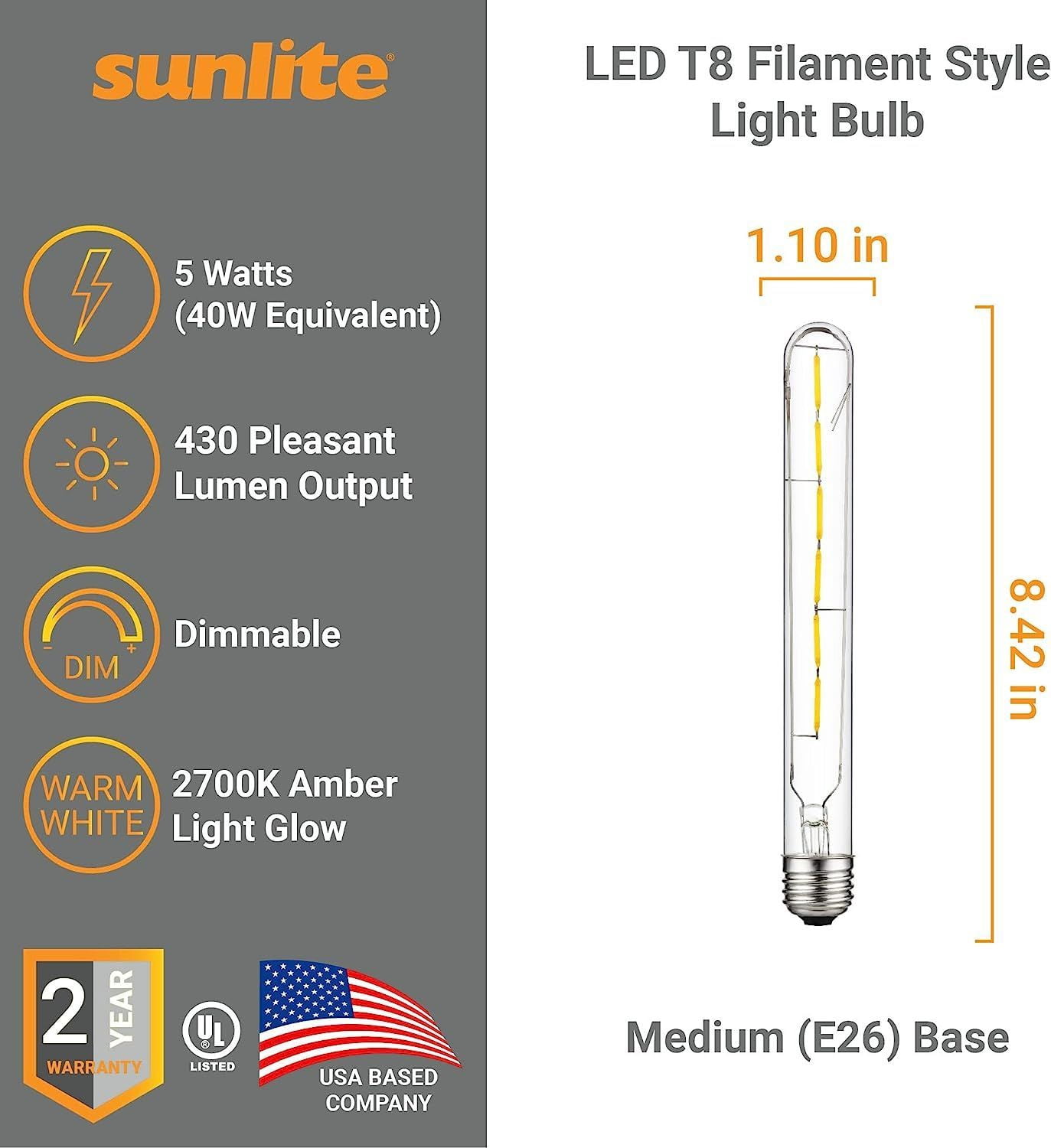 Sunlite LED Filament T8 Tubular Light Bulb, 5 Watts (40W Equivalent), Medium E26 Base, Dimmable, Clear, UL Listed, 2700K Warm White, 6-Pack