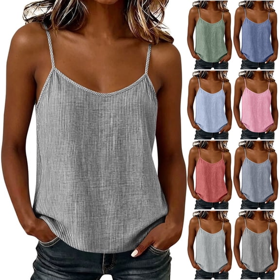 Admvng Womens Tank Top Cotton Adjustable Spaghetti Strap V Neck Lightweight Linen Summer Casual Camisole Blouse