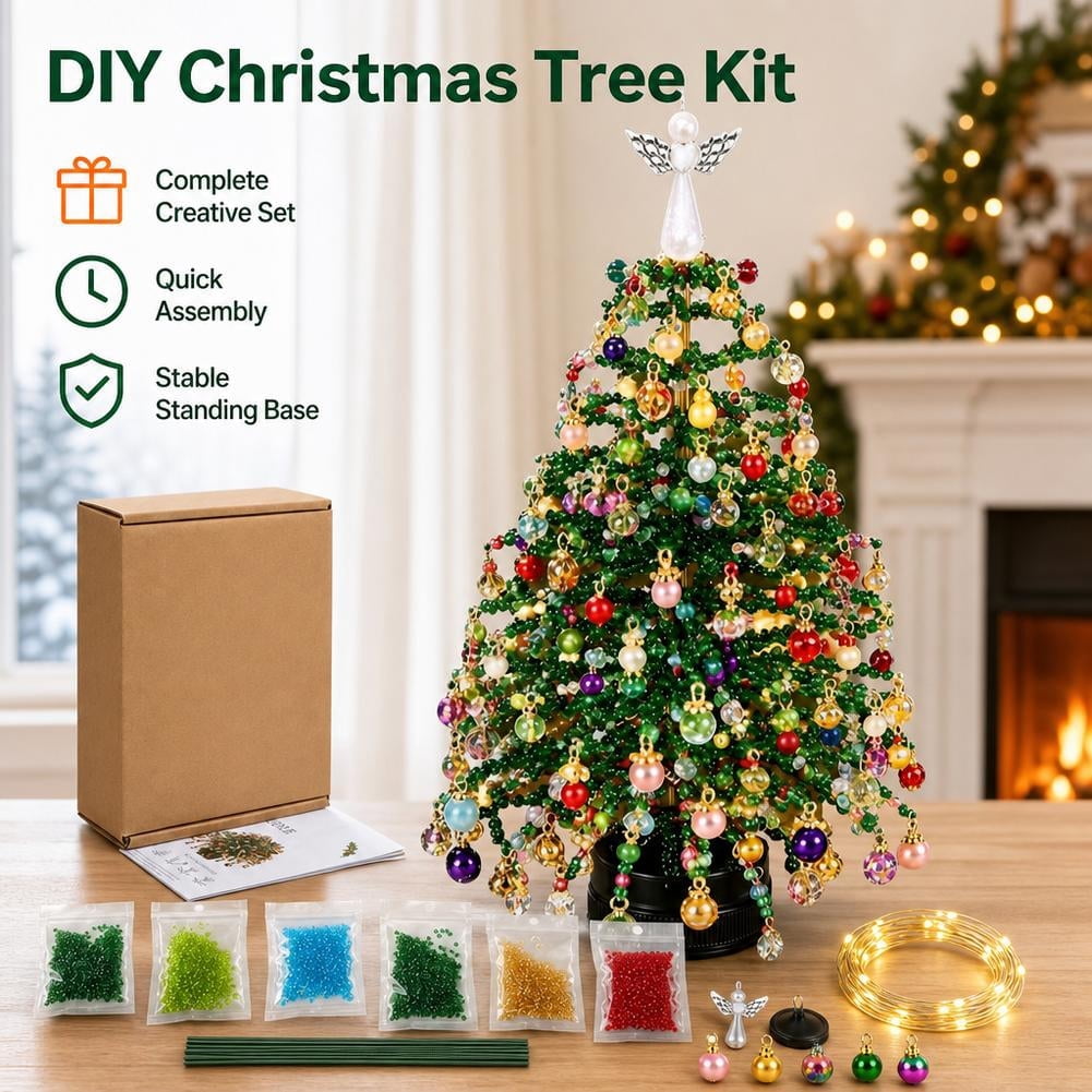 DIY Beaded Christmas Tree Kit Crystal Holiday Craft Set,with Colorful Beads Ornament Charms Metal Frame & Light String