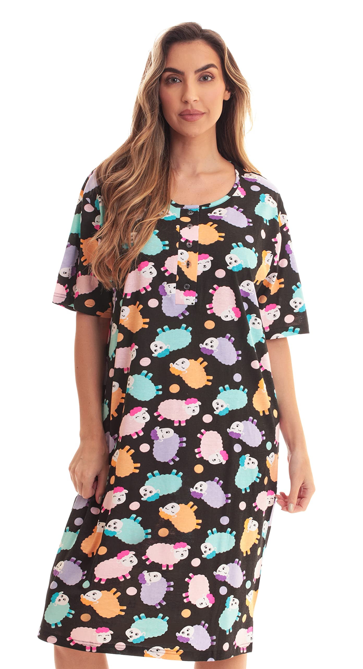 Just Love Short Sleeve Nightgown / Night Shirts Sleep Dress for Women (Black Pastel Sheep, 2X