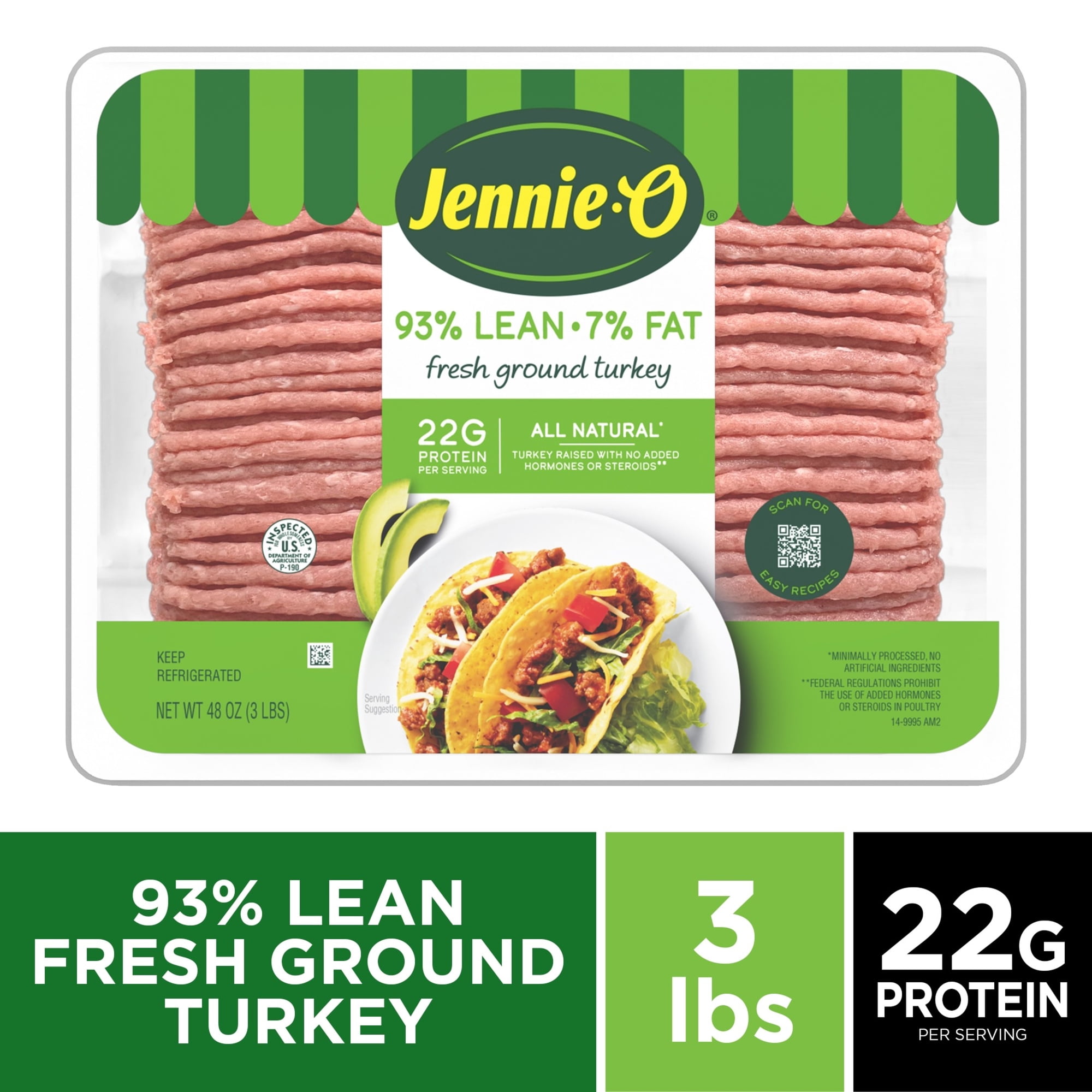 JENNIE-O Fresh Lean Ground Turkey, 93% Lean/7% Fat, All Natural, Refrigerated, 3 lb Plastic Tray