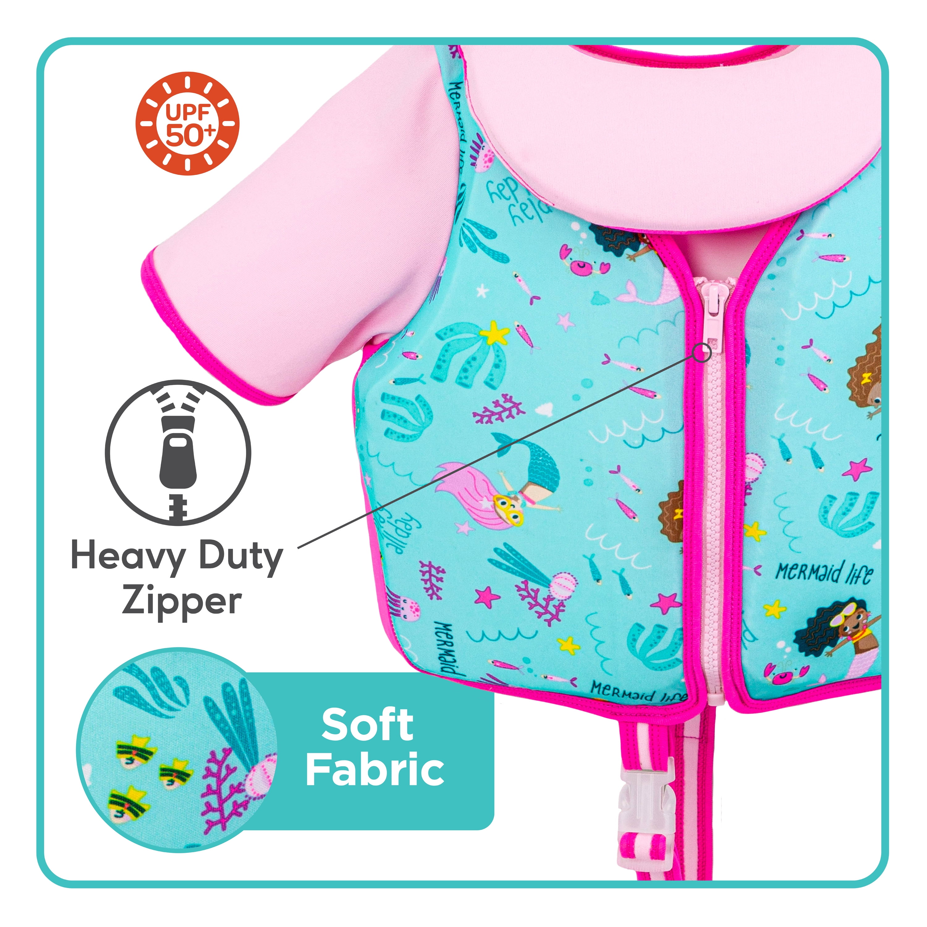 SwimSchool Pink Mermaid Swim Trainer Vest for Kids with Collar, Medium-Large, Ages 4-6 Years, Unisex