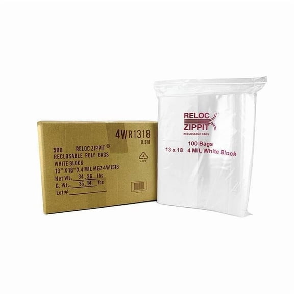 Reloc Zippit Reclosable Bag, 18 in L, 13 in W, PK500 4WR1318