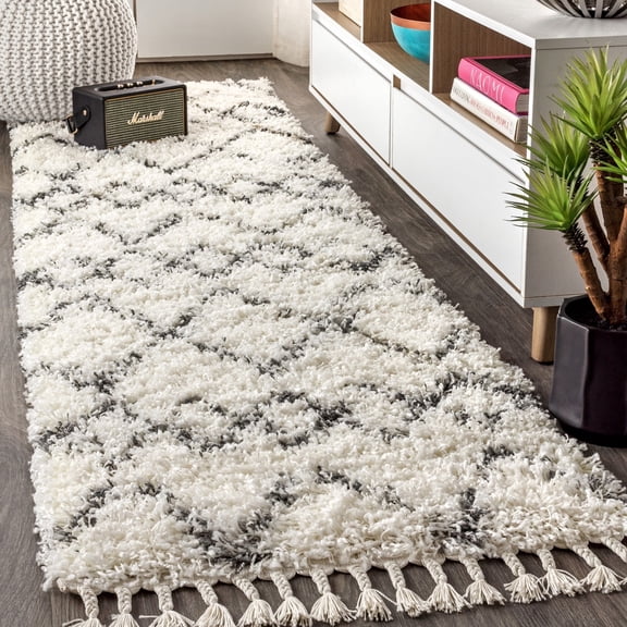 JONATHAN Y MCR102B-28 Mercer Shag Plush Tassel Moroccan Tribal Geometric Trellis Ivory/Gray 2 ft. x 8 ft. Runner Rug