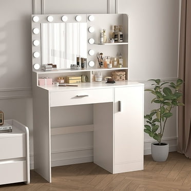 EVMORE Vanity Desk with Mirror and Lights, Makeup Vanity Table, 3 Color Light Modes & 10 Brightness Adjustable, Dresser Desk Dressing Table Storage Cabinet