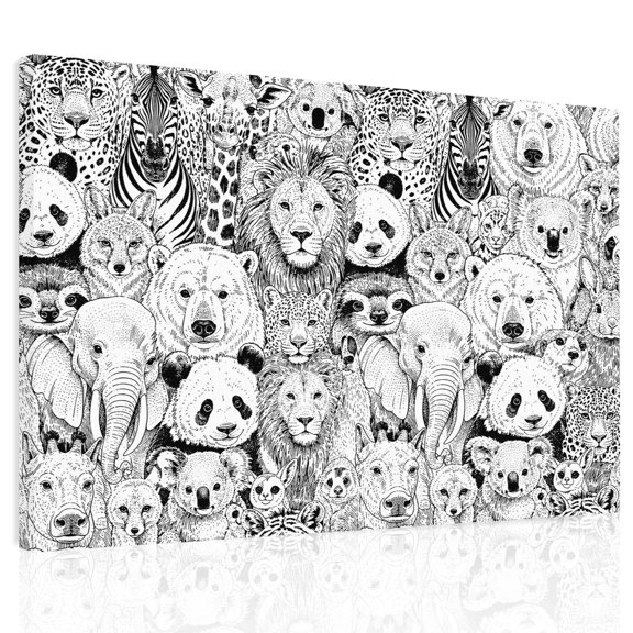 Wildlife Canvas Print Wall Art Vintage Gray Lion Panda Elephant Sketch Wall Decor Modern Artwork Paintings Pictures for Living Room Stretched and Framed Ready to Hang - 12" x 16"