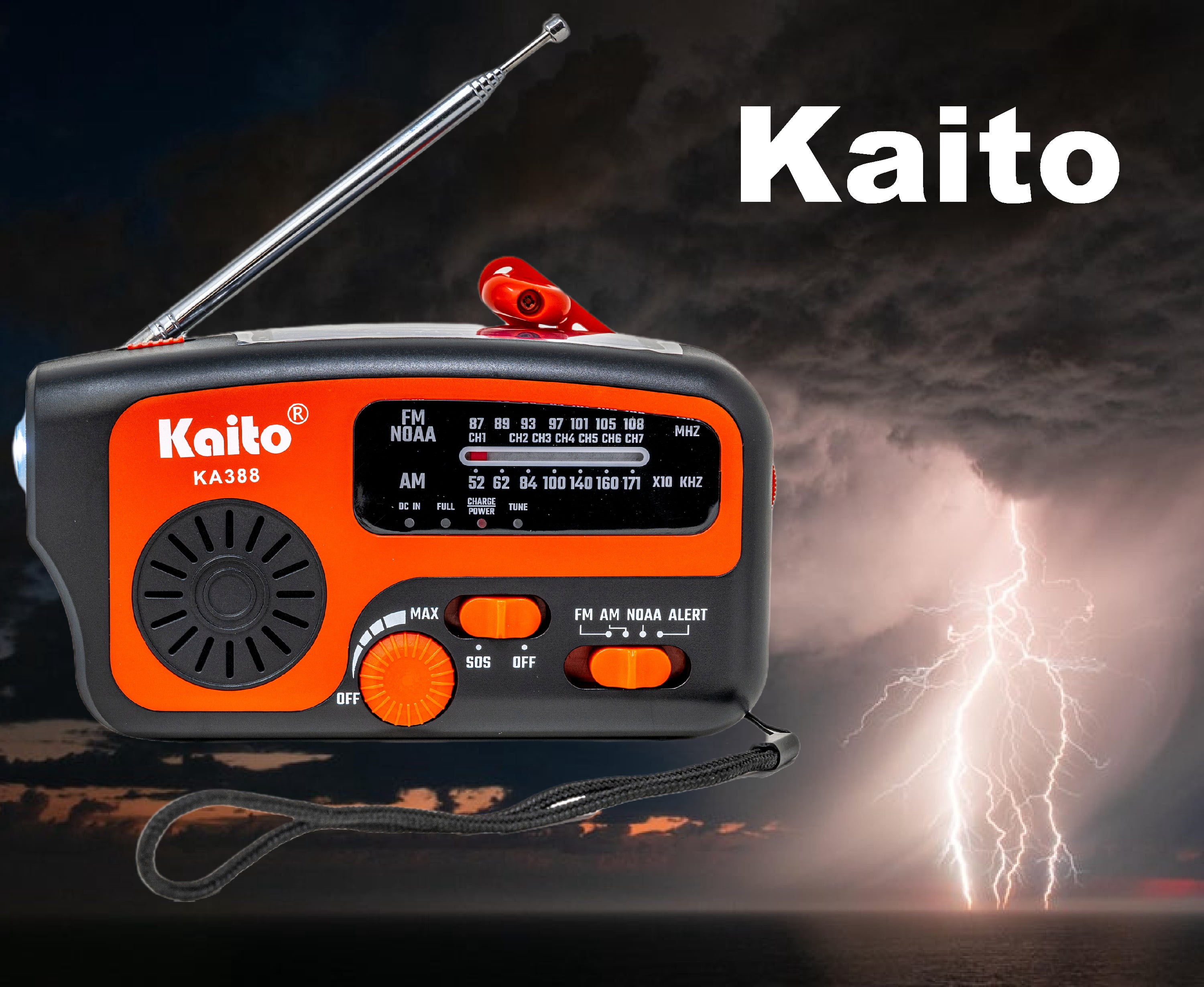 Kaito KA388 AM/FM NOAA Weather Alert Emergency Radio with Crank and Solar Red
