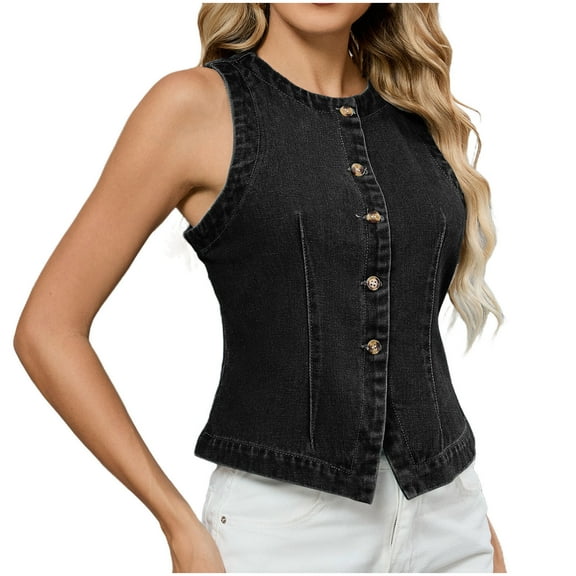 Waistcoat for Women Round Neck Elegant Blouse Y2K Jeans Jacket Button Down Denim Vest Sleeveless Tops Casual Loose Country Trendy Black L