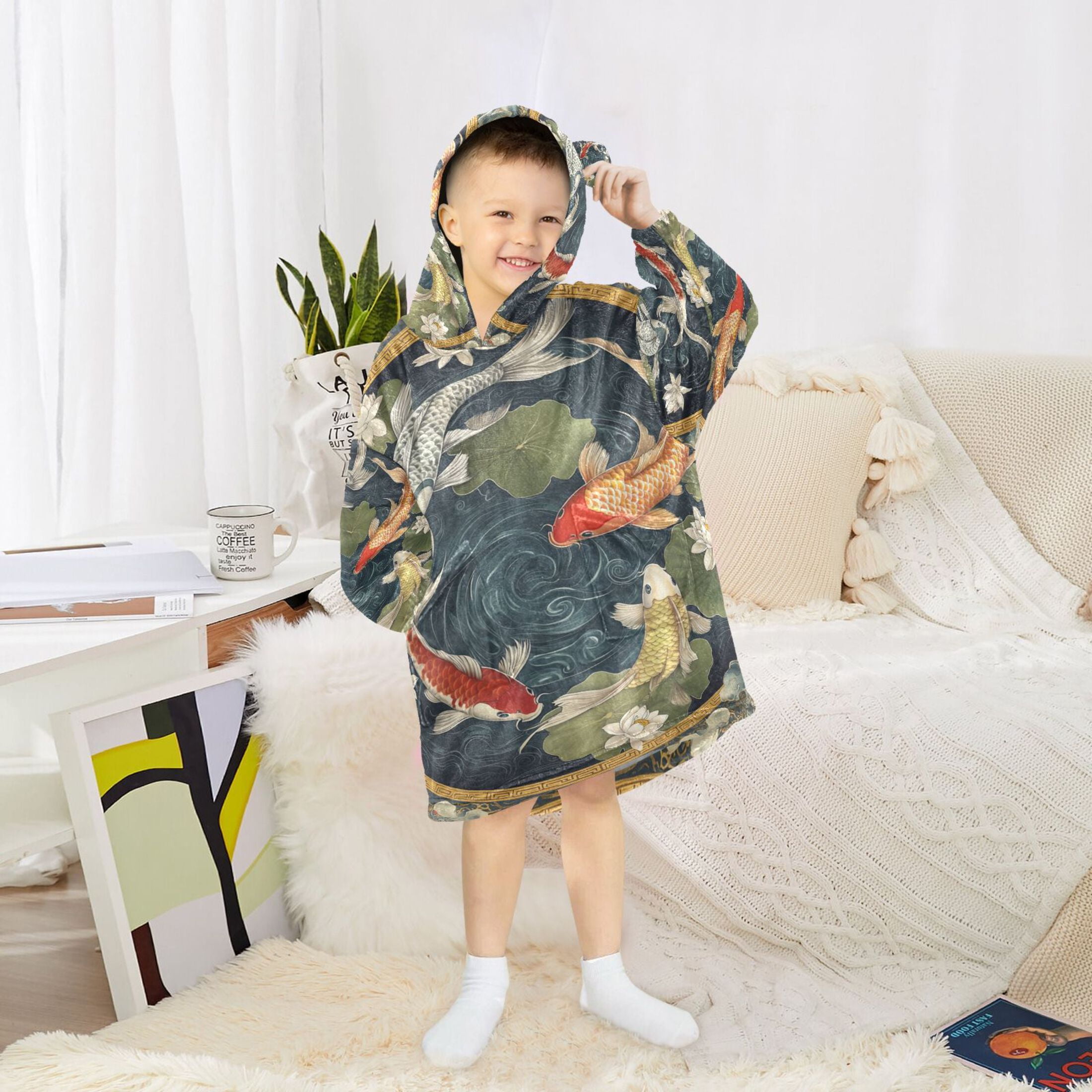 YAZAOO Kids Wearable Blanket Hoodie Warm and Cozy Koi Elegance Flannel Sweatshirt