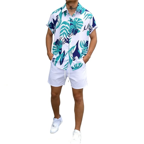 IWRICH Hawaiian Shirt Set for Men Short Sleeves Tropical Printed Shirts and Shorts 2 Piece Casual Button down Summer Beach Floral Outfits 27-Light Blue XL