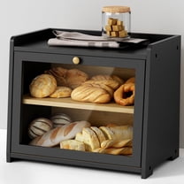 Bread Keeper Box for Kitchen Countertop, Large Wooden Storage Container with Acrylic Panel, Farmhouse Style Pantry Cabinet Shelf, Black