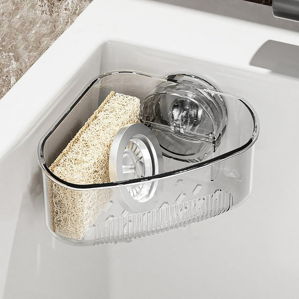 Organizador de esquina de fregadero con ventosa | Plástico transparente, soporte de esponja de drenaje rápido, montaje fuerte extraíble, multiusos para cocina o baño, almacenamiento que ahorra
