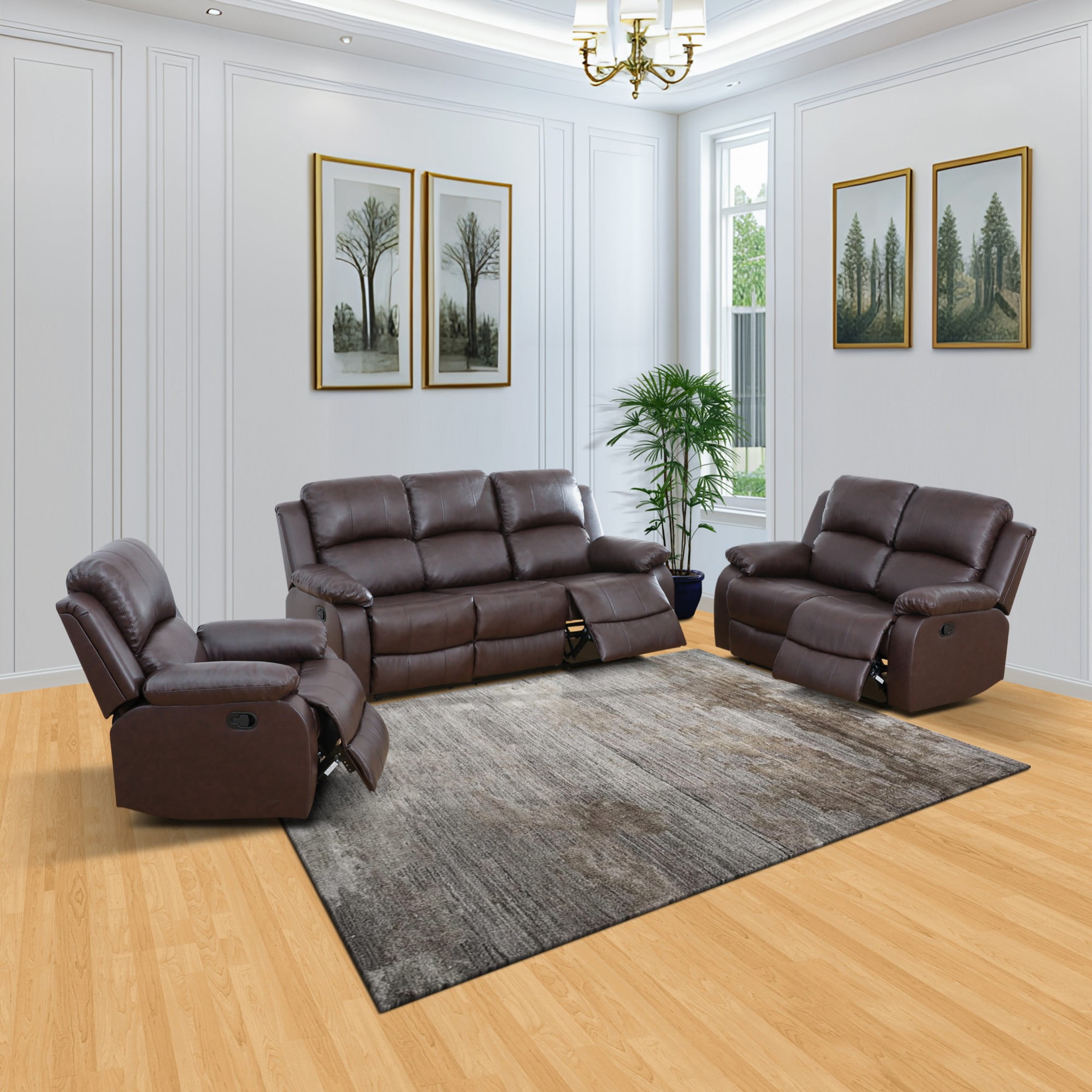 Gewnee Brown 3-Piece Living Room Recliner Sofa Set,Air Leather Upholstery