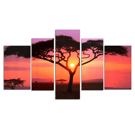 Pictures Of Trees Grtsunsea M.Way 5Pcs Frameless Canvas Prints Pictures Sunset Tree Modern Unframed Painting Home Decor Wall Art Sticker (Larger than 36*35.5inch) ()