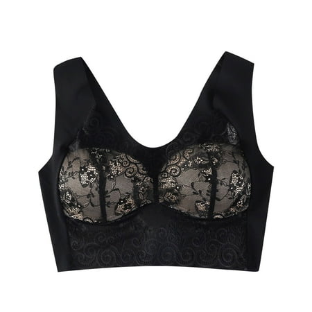 Audhol Lace Bralette Large Size No Rim Lace Vest Underwear Thin Side Collecting Side Breasts Gathered Adjustable Bra Bralettes for Women Lace Dark Gray L