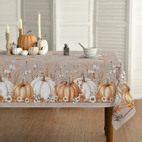 Fall Tablecloth 60×84 Inch Rectangular, White Orange Pumpkin Autumn Harvest Grain Washable Seasonal Table Cover for Party Picnic Dinner Decor
