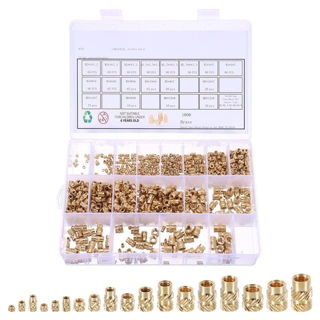 Uxcell 1000pcs M2 M2.5 M3 M4 M5 M6 Metric Threaded Inserts Brass Heat Set Insert Knurled Nuts Assortment Kit, 3D Printing Brass Nuts Female Threaded Inserts Nuts with Heat Set Insert Tips